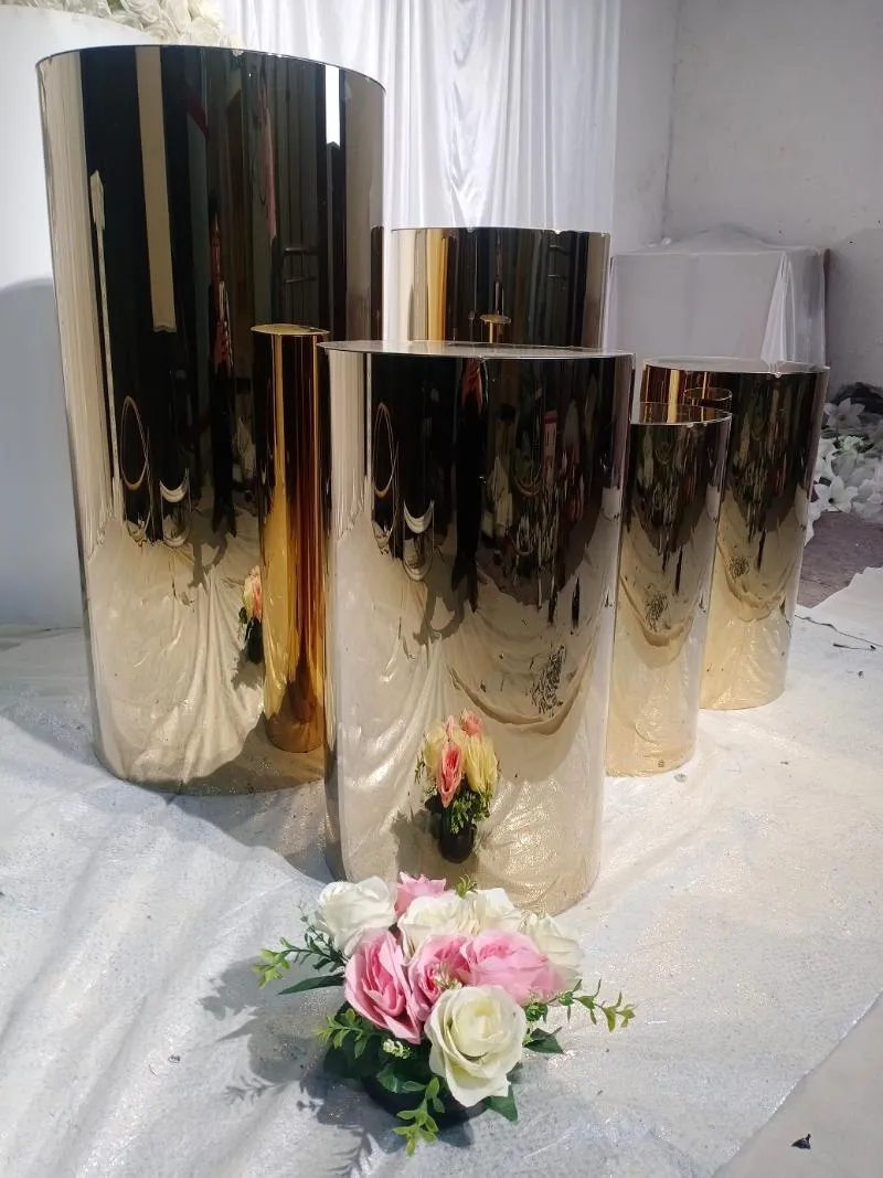 3st bröllop shinny guld runda socklar cylinder piedestals cake standbackdrop annan baksida258j