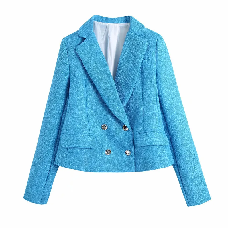 Casual vrouwen v-hals dubbele breasted jas lente-herfst mode dames hoge straat vrouwelijke geweven gehechte blazer 210515