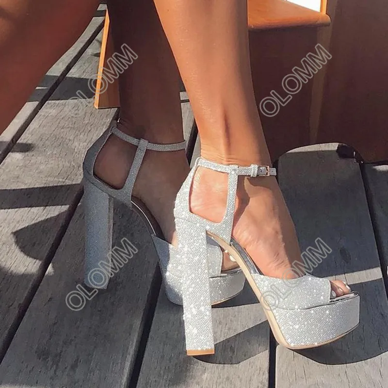 ローンティックな新しい女性の夏のキラキラのサンダル足首ストラップチャンキーヒールのぞき見つま先素晴らしい銀の結婚式の靴女性米国のプラスサイズ5-20