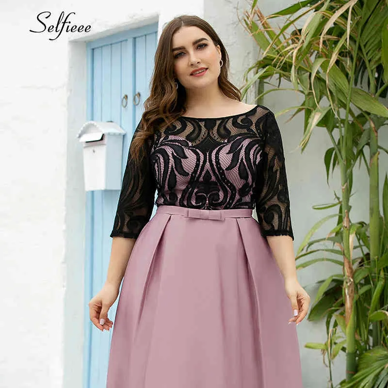 Abiti eleganti A-Line O-Collo Impero Fiocco Pizzo Colore a contrasto Abiti da donna sexy Abiti da sera convenzionali Abiti da cerimonia Plus Size 201025