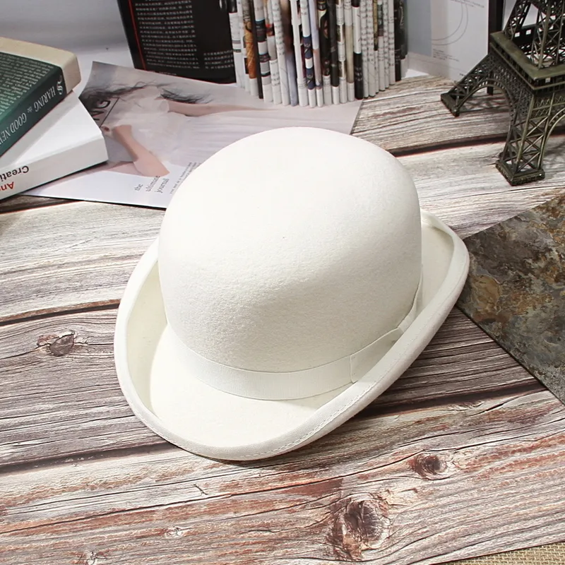 Gemvie 100 Wool Feel White Bowler Hat for Menwomen satynowy podszewka mody Formalne Fedora Costume Magician Cap 22030175230292648567