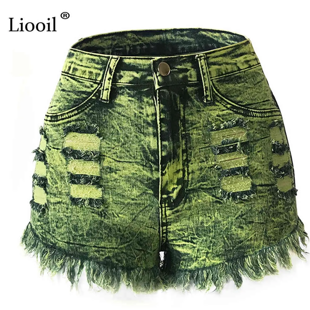 Liooil Sexy Loch Denim Shorts mit Quaste Frauen Hohe Taille Knopf Reißverschluss Taschen Weibliche Herbst Gewaschen Rave Skinny Jeans 210323