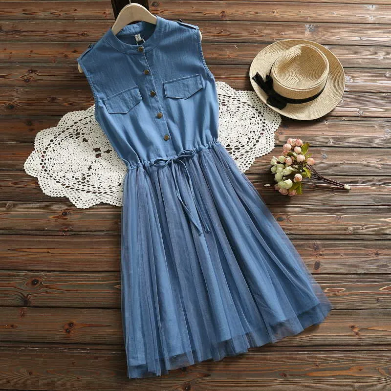 Casual élégant ceinture taille sans manches dentelle robes bleues femmes robe d'été coton maille rose robes vêtements 3518 50 210527