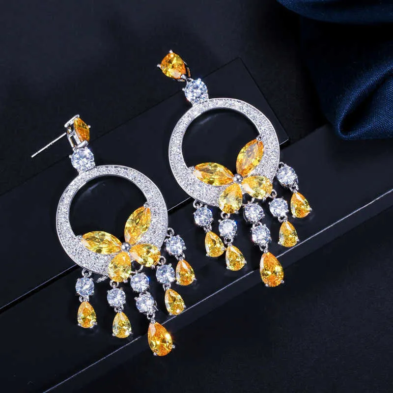 Cwzyrcon Noble Yellow Cubic Cyrkonia Kamień Tassel Drop Duży naszyjnik i Kolczyk Wysokiej Jakości Kobiety Prom Party Jewelry Set T026 H1022