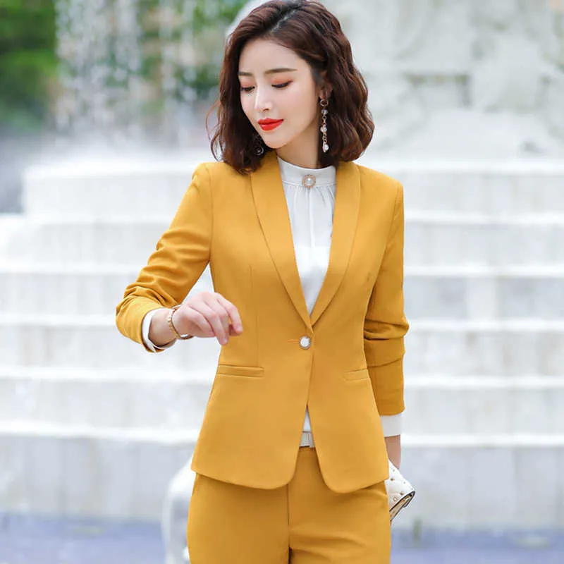 Conjunto de traje blanco de negocios de alta calidad para mujer, blazer informal de otoño de manga larga con un botón, pantalones para mujer, chaqueta de oficina S-4XL 210527