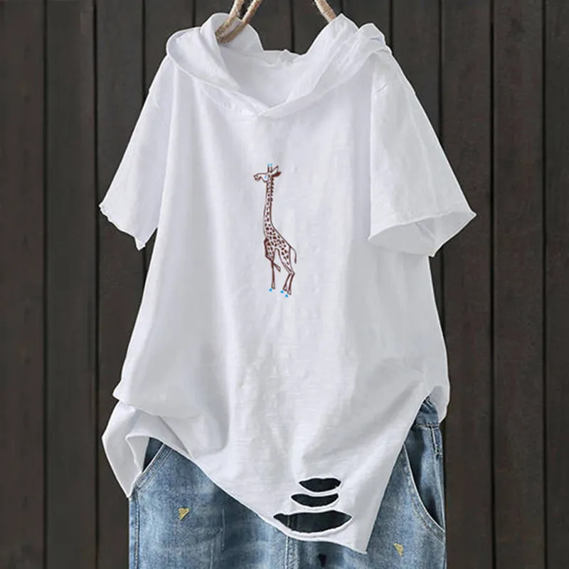 Women T-shirt Summer New Fashion Plus Size Short Sleeve Loose Casual Hooded Tee Shirt Hole Cotton Femme Print Artistic Tops 210422