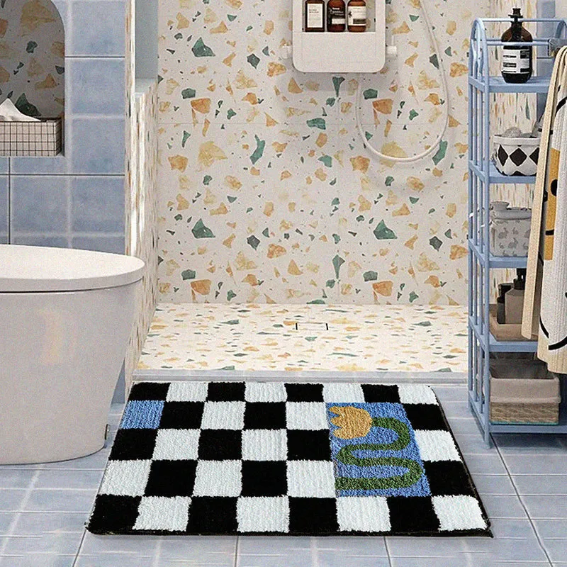 Retro Schaakbord Plaid Bad Matten Pluizige Roosters Bathmat Zacht Bloemen Badkamer Tapijt Bankkastje Tapijt Huis Decor Vloer Mat Antislip Pad 220301