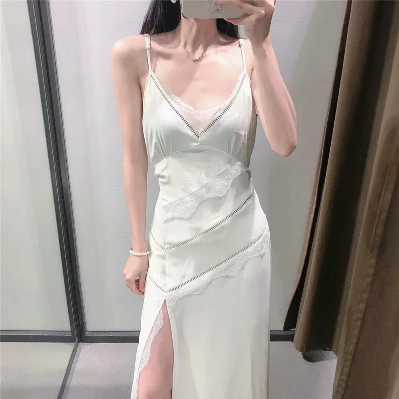 Lace Long Dress Woman Camisole Cut Out Green Summer Women Belt Backless Slip Midi Sexy Night Party es 210519