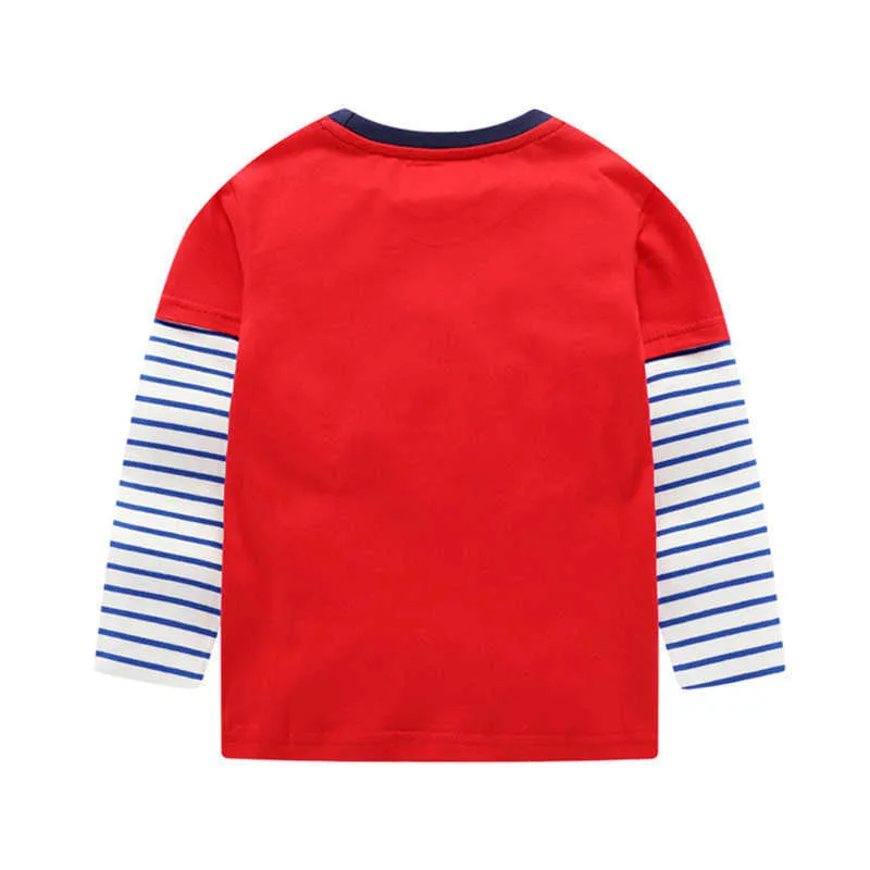 Metri da salto Autunno Primavera Rosso T-shirt da bambino Manica lunga T-shirt in cotone bambini Applique Treno Moda Bambini Top 210529
