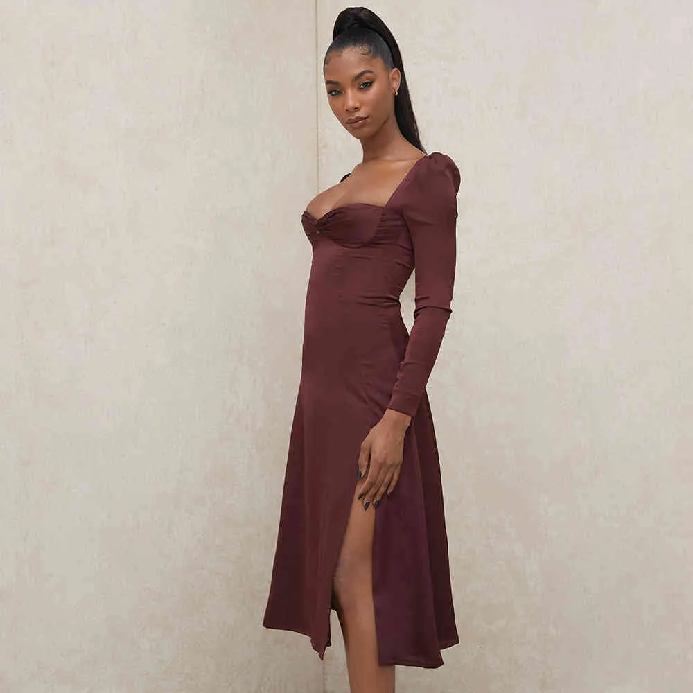 Summer Women Elegant Wine Red Midi Club Dress Sexy Long Sleeve Fashion Celebrity Evening Runway Party Lady 210423