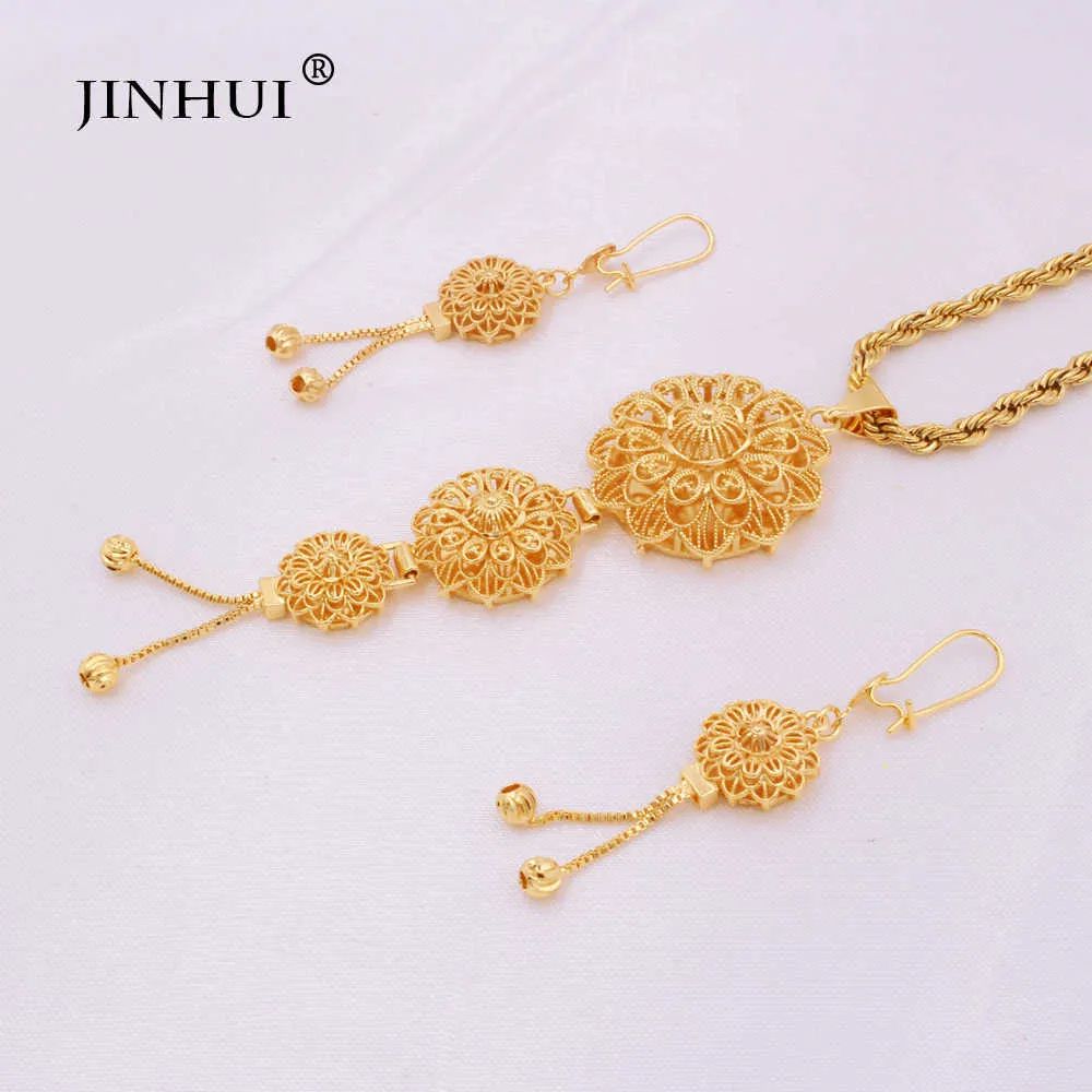 Jewelry sets 24K Ethiopian Gold Arabia Necklace Pendant Earring for women indian dubai African wedding Party bridal gifts set 21062393