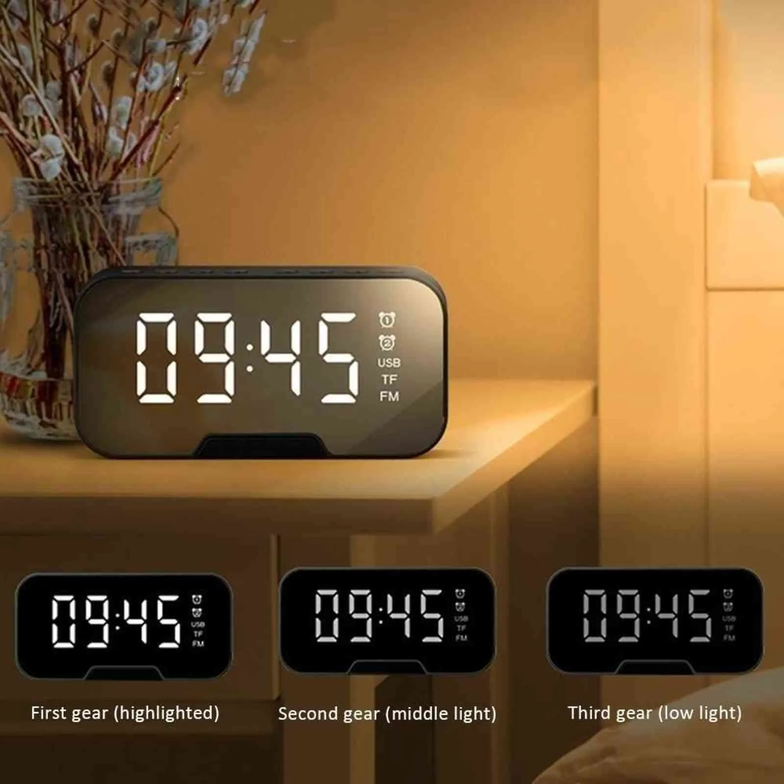 Miroir Réveil Multifonction Musique LED Alarme Numérique Température Affichage de la Date Horloges Miroir de Bureau avec Mode Double Alarme 211111