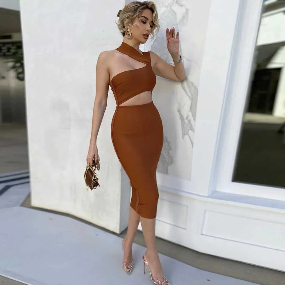 Women's Trendy Tan One Shoulder Hollow Backless Bandage Tights Mid-length Dress Sexy Party Vestidos Nightclub 210527