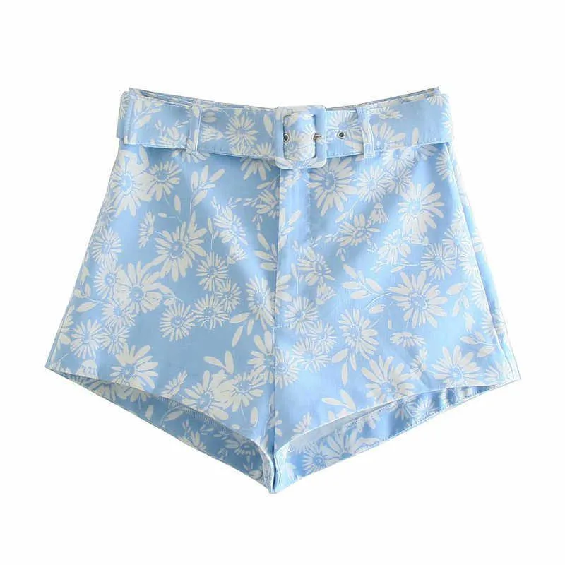 Za花柄ベルト青いショーツ女性ハイウエストビンテージ夏のショートパンツ女性ファッションフロントジップサイドポケットショートパンツ210602