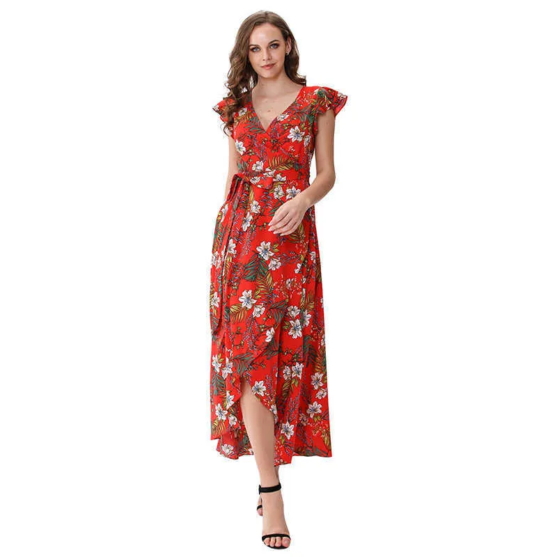 Frauen Kleid Floral Gedruckt Bandage Split Flowy Party Würdevolle Trend Elegante Sommer Langes Kleid M30524 210526