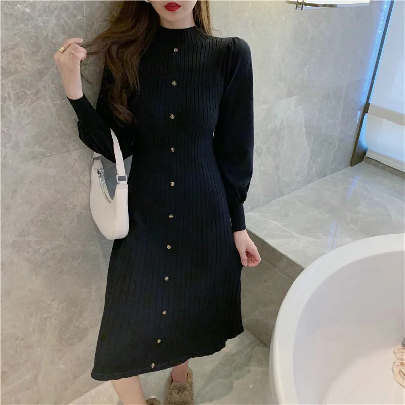 Ezgaga Knitted Sweater Dress Women Long Lantern Sleeve All-Match Solid Button Bodycon Dress Office Lady Elegant Vestidos 210430