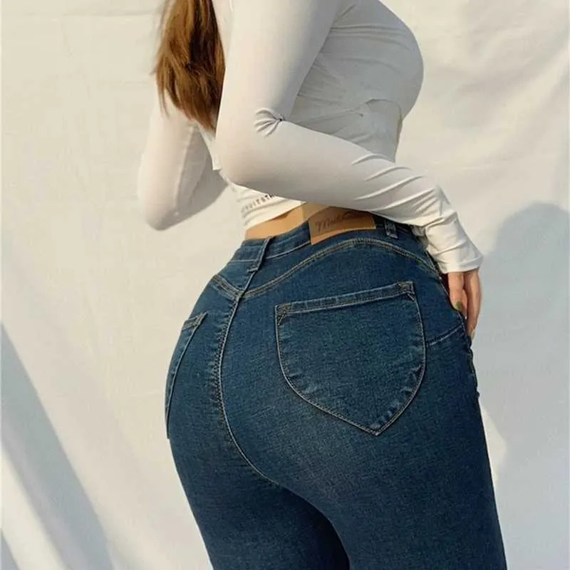 Jeans elastici europei e americani Plus Donna Vita alta Pantaloni grigi anca pesca sexy Streetwear Estetica anni 2000 210604