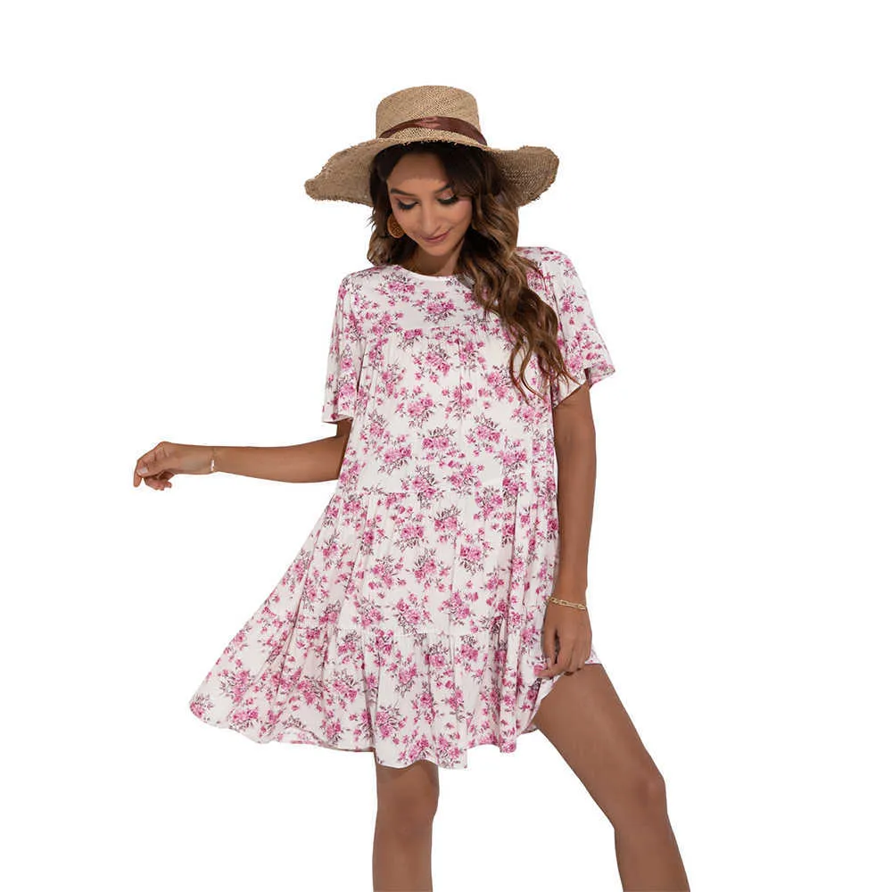 Femme Robe O-cou Floral Papillon Manches Lâche Robe D'été pour Femmes Casual Imprimer À Manches Courtes Robes De Plage pour Femmes D'été 210712