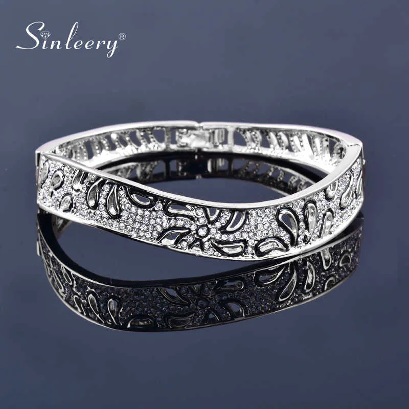 Sinleery Luxury Hollow Flower Bangles for Women Rose Gold Silver Color Crystal Bracelets Best Friends Gifts Sl092 Ssk Q0719