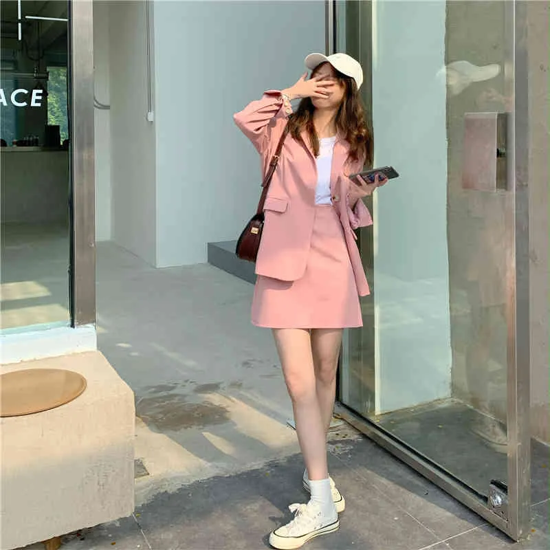 Spring Autumn Women Two Piece Skirt Suit Office Set Elegant Long Sleeve Single Breasted Blazer Jacket + Formal Mini Skirts 210513