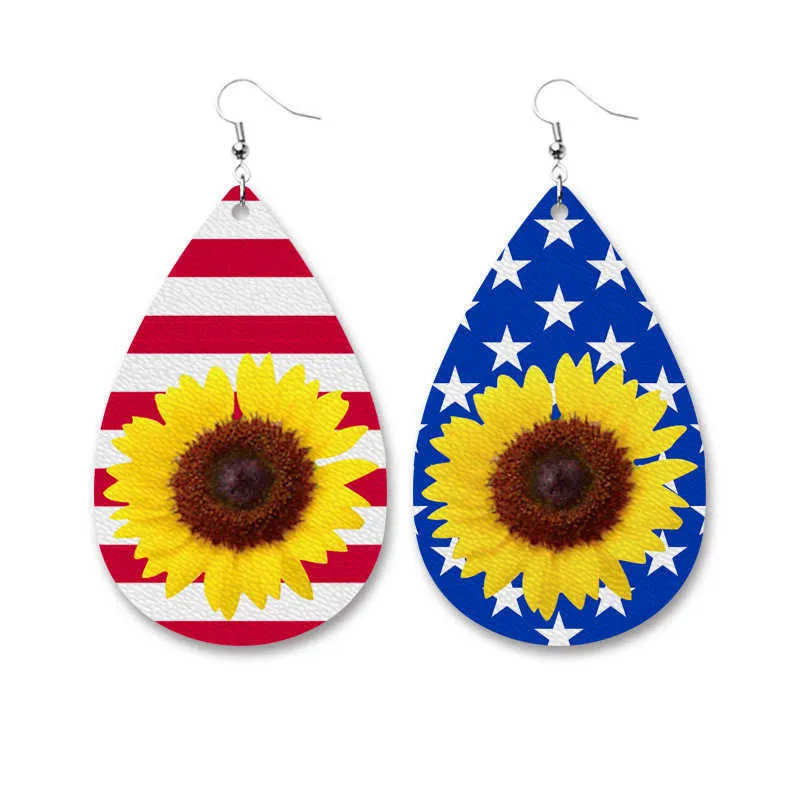 Pendientes de piel sintética con estampado de leopardo y girasol, pendientes de rayas con estrellas patrióticas de bandera americana Q0709