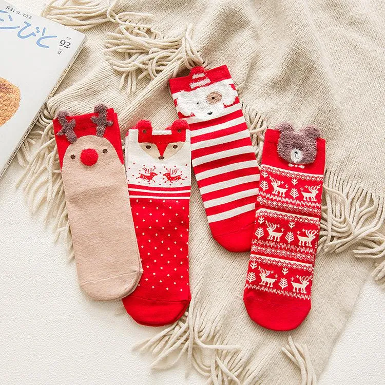 Christmas Socks Women Cartoon Santa Elk Pattern Warm Cotton Middle Tube Colorful Winter Christmas Stocking