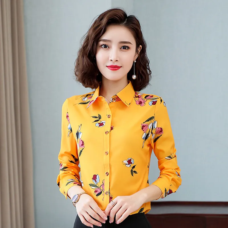 Koreanische Frauen Hemden Chiffon Blusen für Frauen Langarm Shirt Office Dame Druck Hemden Plus Größe Frau Blumenbluse xxxl 210326