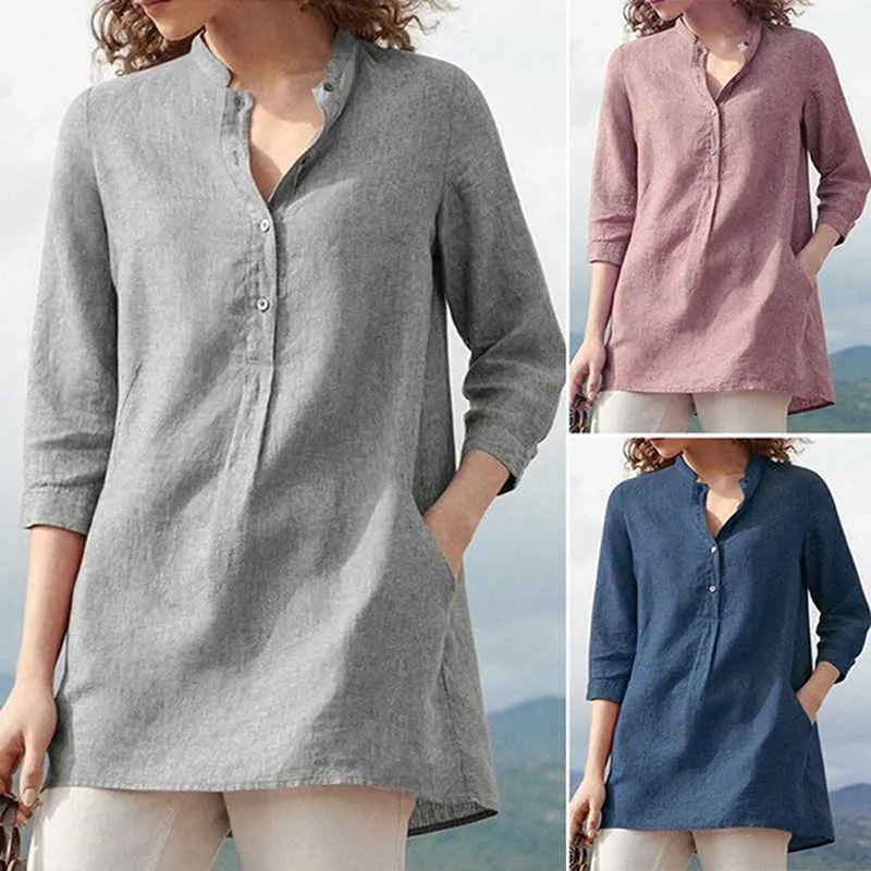 Camicia da donna Camicetta in cotone e lino con scollo a V Camicie con taschino solido Camicie casual a maniche a 3/4 Camicette larghe autunnali Top tunica femminile 210721