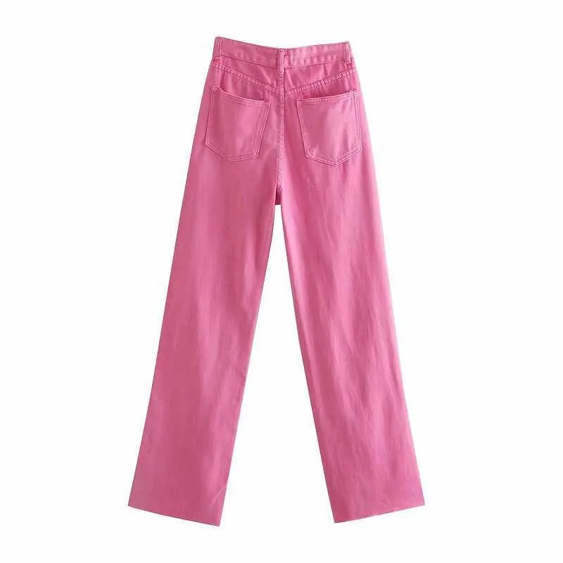 Colori caramella Rosa Giallo Za Jeans Donna Pantaloni a vita alta Bocca nappa Pantalone da cowboy allentato Zip frontale Gamba larga Donna 210809