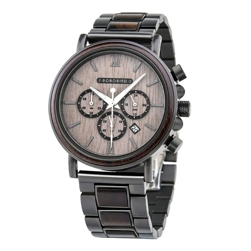Armbandsur Bobo Bird Luxury Watch Multifunction Men's Wood Wirstwatches Chronograph Timepiece Relogio Masculino in Box Vale221u