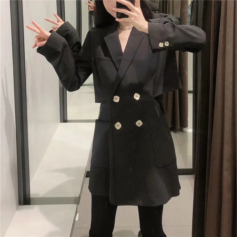 Черный короткий пиджак комбинезон женские весенние мода с длинным рукавом элегантные женщины комбинезоны двойной грудью комбинированный 210519