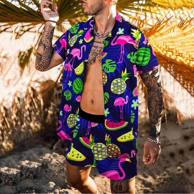 Mens sommar Hawaiian Shorts Sätter Designer Blomma Tryckta T-shirts + Shorts Beach Fashion Sets 210527