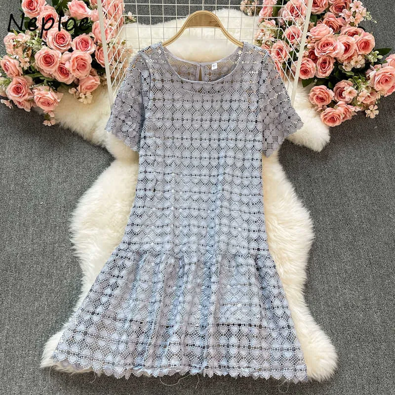 Neploe Sexy Hollow Out Design Lace Dress Women O Neck Pullover Short Sleeve Vestidos High Waist Hip A Line Loose Robe Summer Y0823