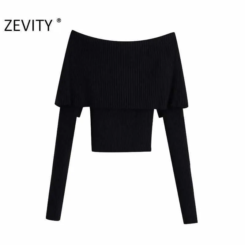 Zevity femmes Sexy Slash cou couleur unie mince tricot pull Femme Chic basique à manches longues pulls décontractés marque hauts S477 210914