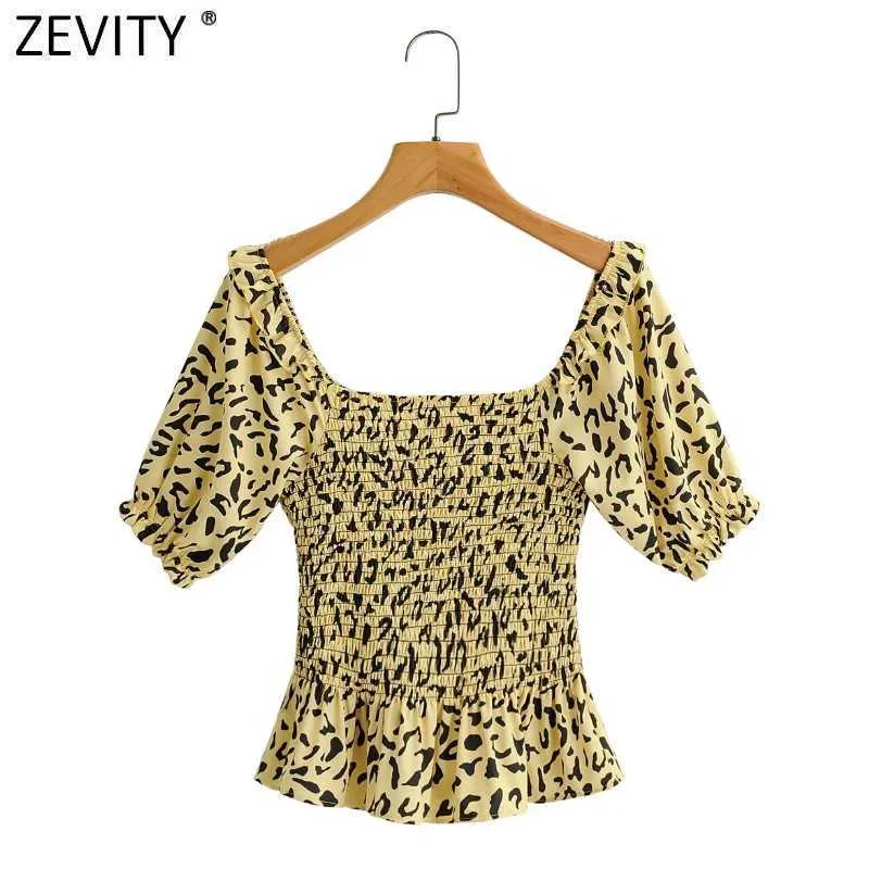 Zevenity Dames Vintage Square Collar Leopard Print Elastische Smock Blouse Vrouwelijke Bladerdeeg Slanke Shirt Chique Blusas Tops LS7646 210603