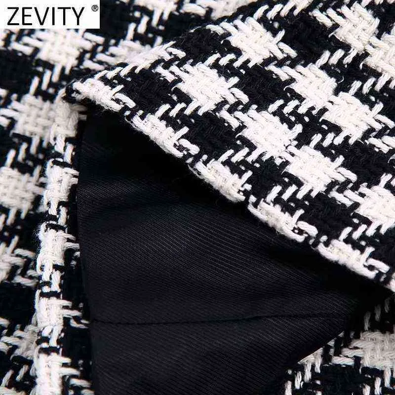 Zevity Women Vintage Houndstooth Plaid Print Otwórz Szycie Tweed Wełniany Płaszcz Kobiet Chic Znosić Slim Kurtki Topy CT781 211110