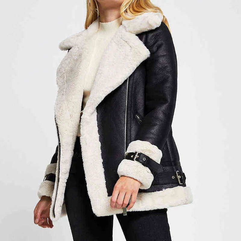 Aibeautyer höst vinter kvinnlig outwear casaco feminino coat kvinnor pu faux mjukt läder svart vit fårskinn päls jacka 211108