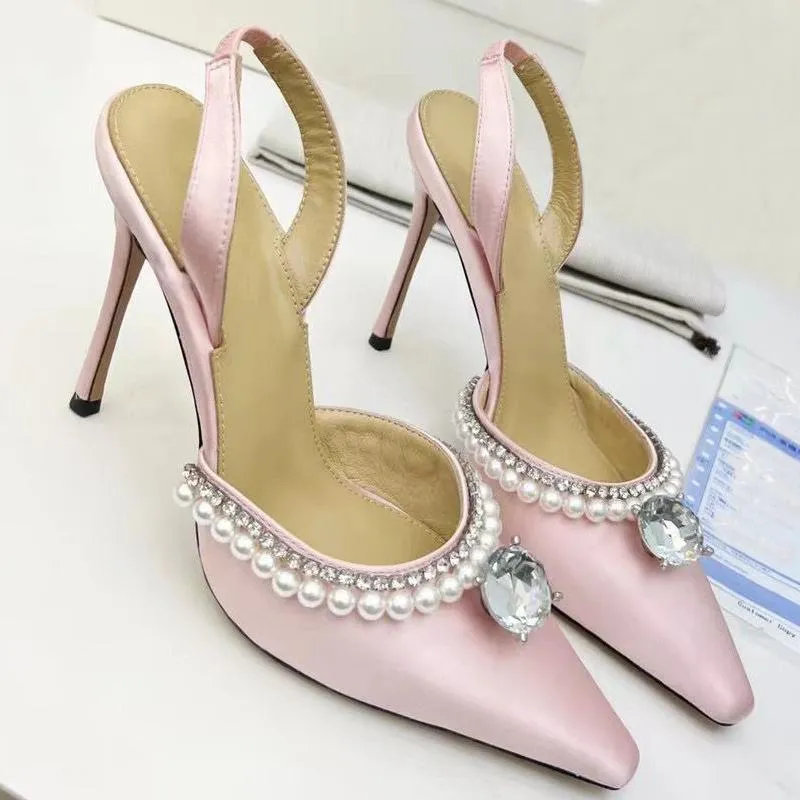 fashion High heeled sandals 100% Leather summer Women Fine heel Heels shoe sexy Pearl Satin Womens Shoes cloth lady Diamonds Pointed shoes Large size 35-41-42 With box