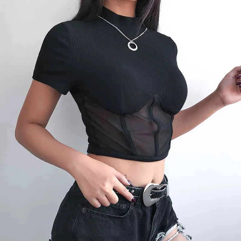 Dames T-shirt Casual Party Club Black Mesh Patchwork Top Korte Mouw Sexy Dames Sheer Hoge Hals Holle Streetwear 210522