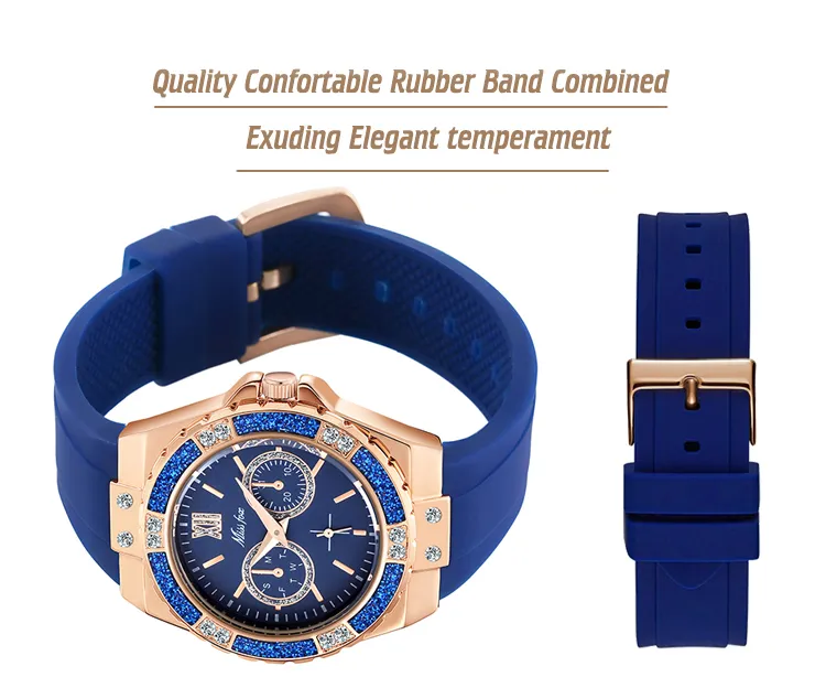 Damskie zegarki Chronograph Rose Gold Watch Sport Diamond Blue Guma XFCS Analogowy Kwarcowy Zegarek