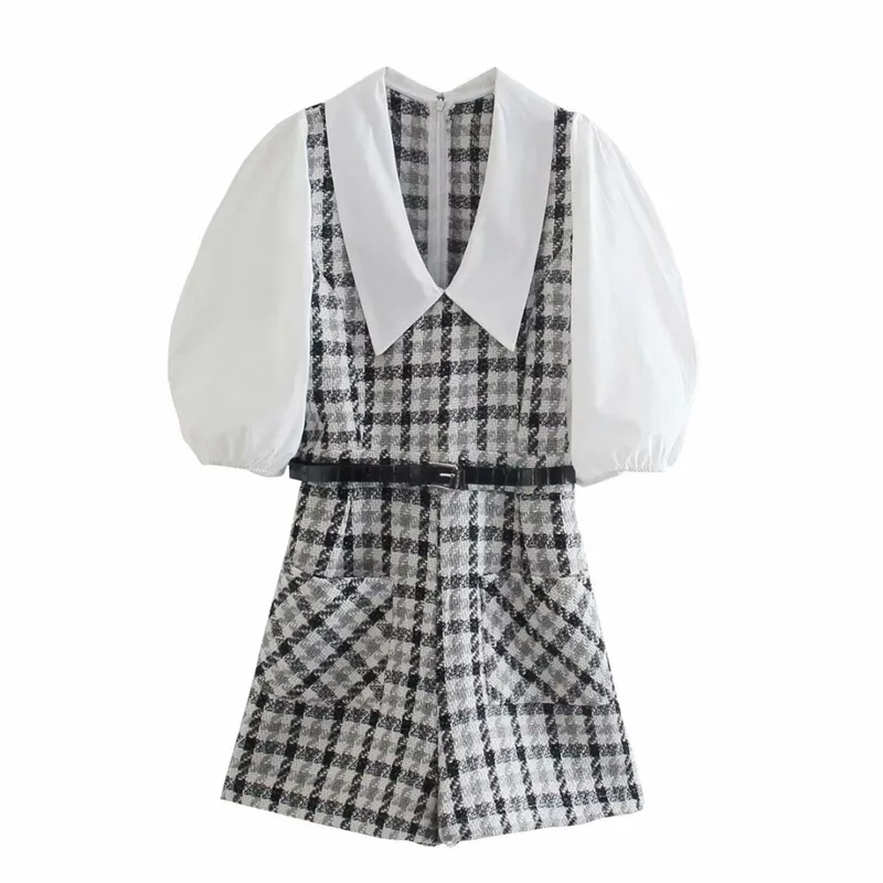 Kvinnor Mode med bälte Spliced ​​Tweed Playsuits Vintage Girls Puff Short Sleeve Back Zipper Jumpsuits 210430