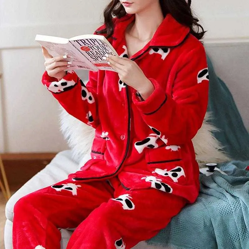 Zity Kış Pijama Set Kadın Pijama Sıcak Flanel Uzun Kollu Pembe Sevimli Hayvan Homewear Kalın Ev Suit 210809