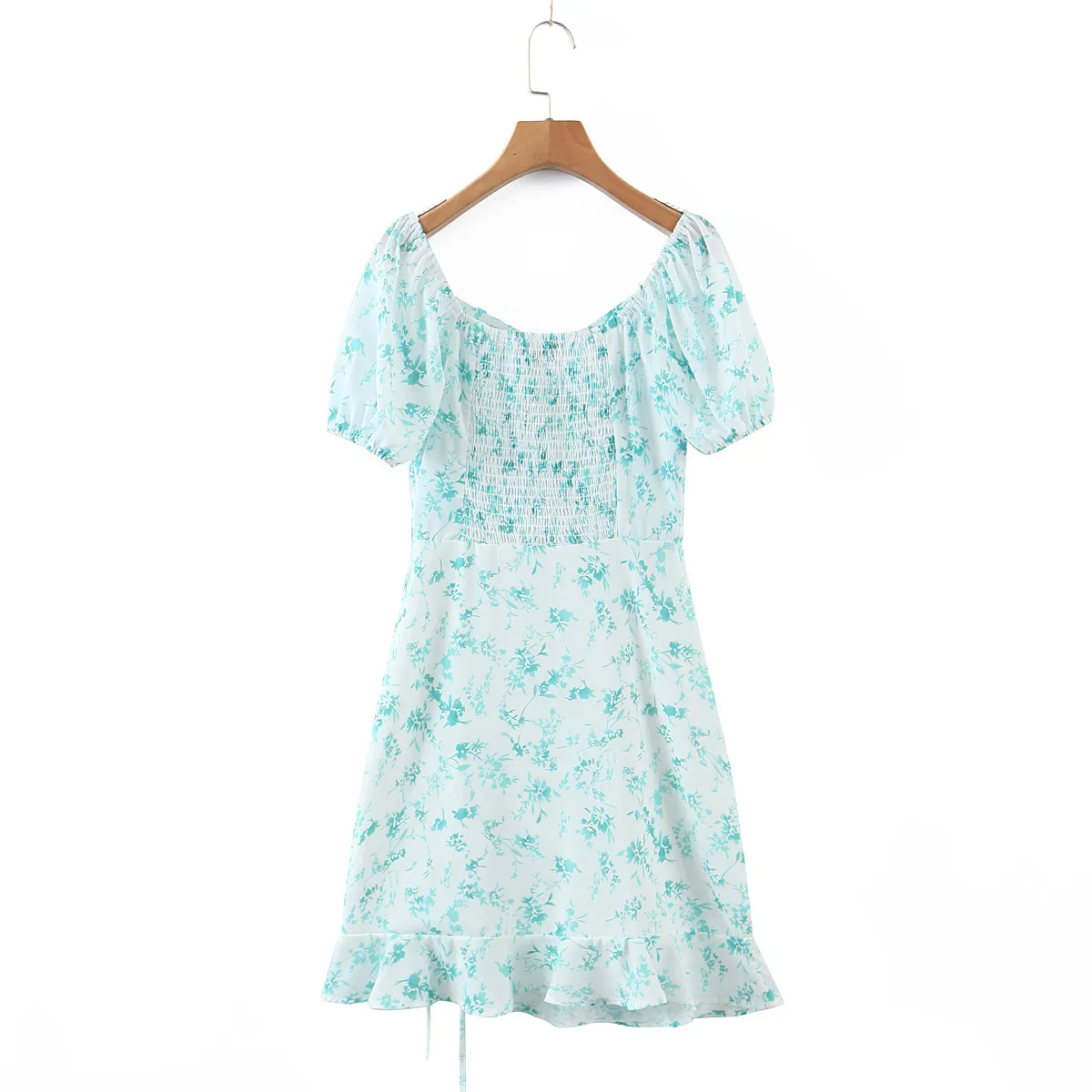 Spring Women Flower Print Chiffon Dress Kvinna Puff Sleeve Kläder Casual Slim Hollow Out Vestido 210430