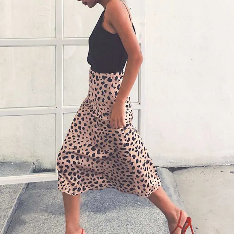 Leopardtryck kjol Kvinnor A-Line High Waist Wild Midi S saker Sexig Long S Summer 210621