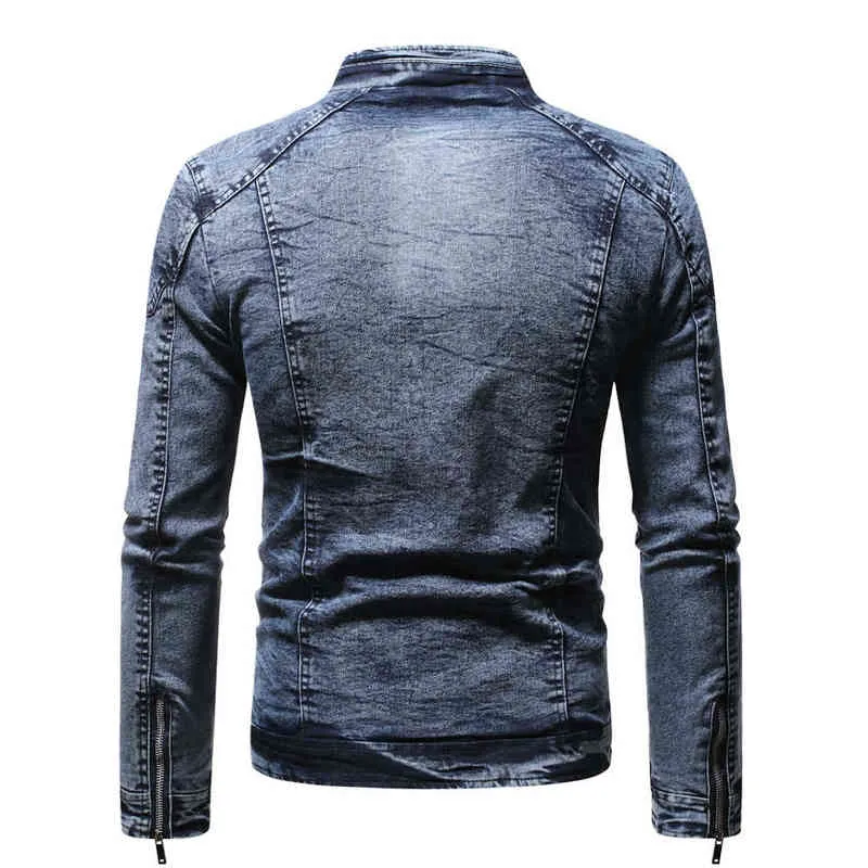 Джинсовая куртка мужчины мото байкер джинс осень зима мода твердый плюс бархатный стойку воротник вскользь 211214