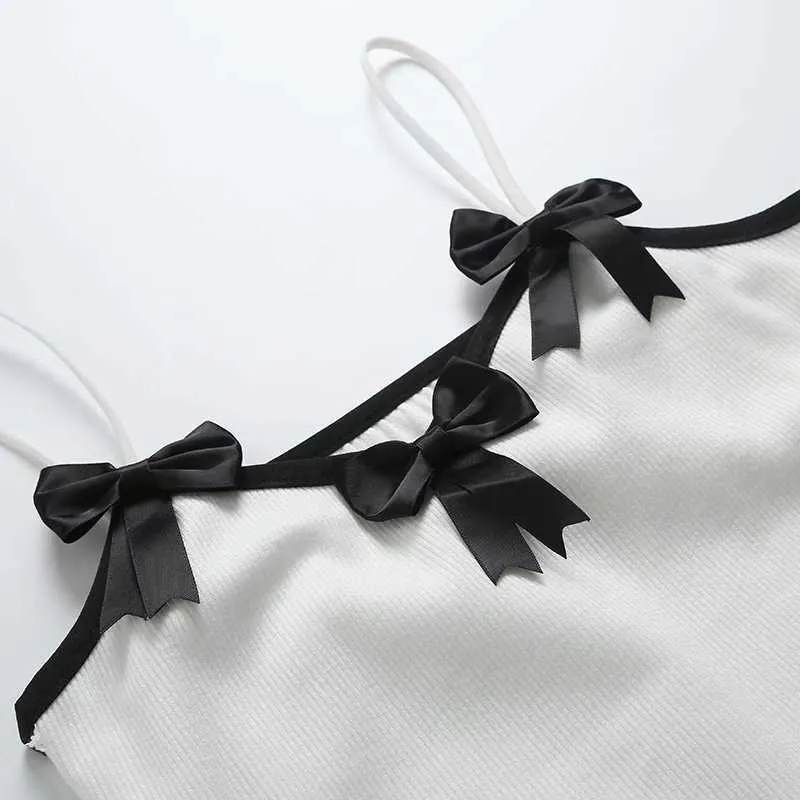 黒い弓の装飾のヴィンテージの女性の夏のドレスセクシーな薄いストラップシックな女性スウィートミニドレスカジュアルな女性ローブフェムメ210709