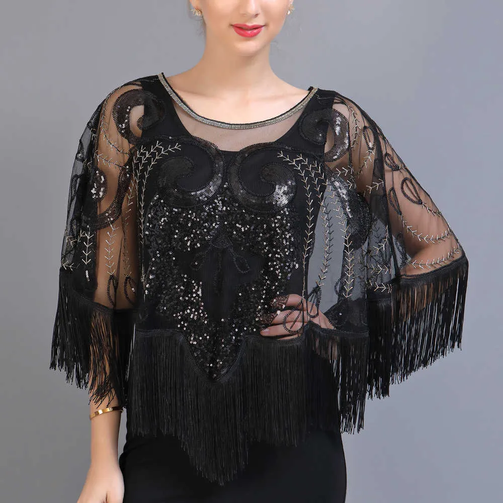 Vintage Sequin Tassel Evening Cape 1920s Flapper Party Fringed Shawl Wraps Embroidery Pullover Wedding Bridal Scarf 2108191686887