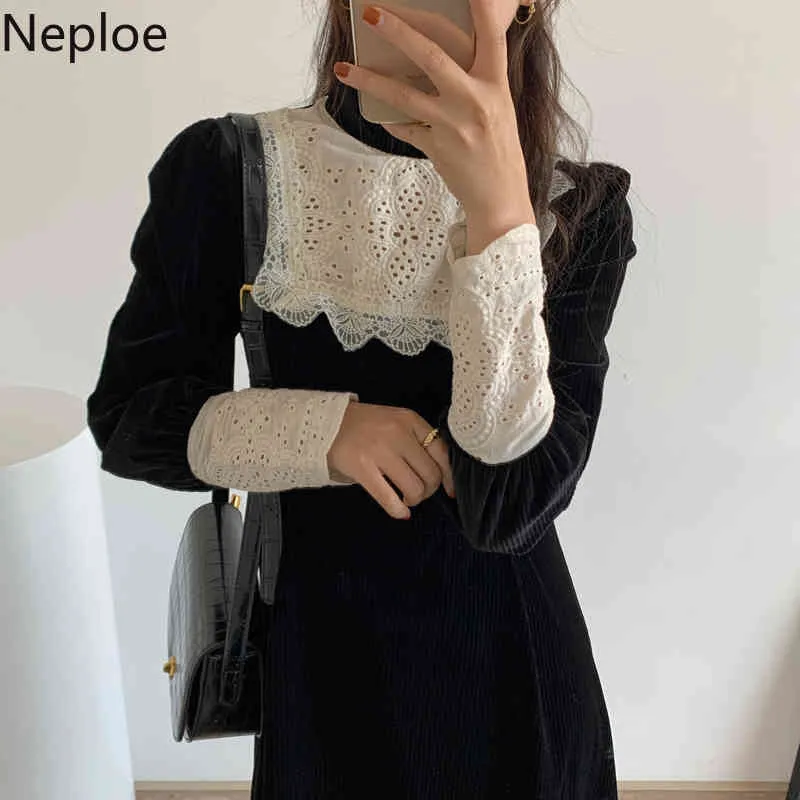 Neploe Maxi Robes pour femmes coréennes Chic Stand Col Dentelle Patchwork Robes Slim Wiast Puffles Tempérament élégant Robe noire 210422