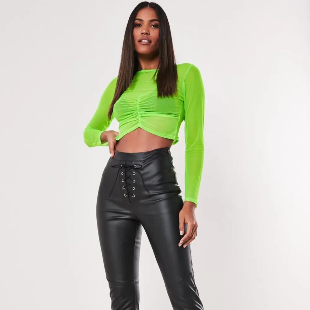 OMSJ Neon Green Transparent Crop Top Lange Mouw Mesh See Door Women Sexy Shirt Casual Mode T Streetwear 210517