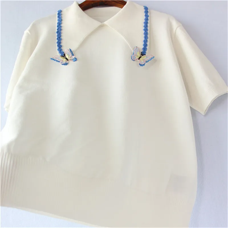 Moda coreana de mangas curtas suéter de lapela solto e fino T-shirt de seda de gelo de verão 210520